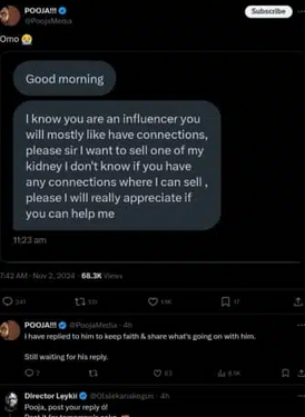 Hardship: X influencer shares message from deperate follower seeking to sell a kidney