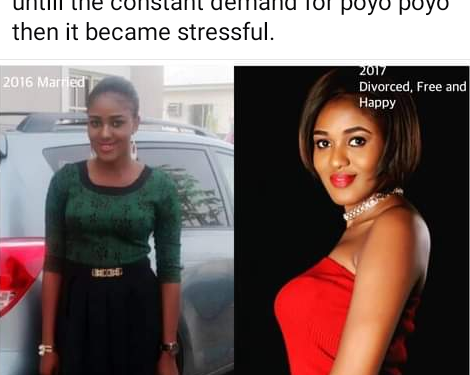 Marriage was good until the constant demand for poyo poyo then it became stressful – Nigerian lady says as she shares photos of herself while married and after divorce