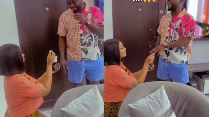 Adorable moment lady goes down on one knee to propose to her man