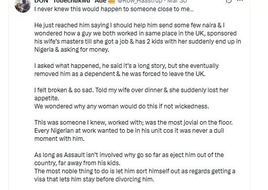 Man narrates how his friend got kicked off wife’s dependent visa after sponsoring her master’s in UK