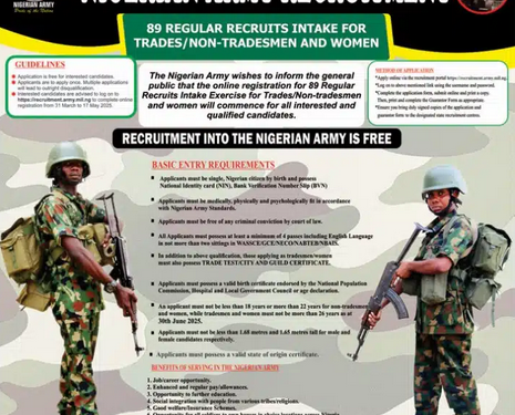 APPLY NOW: Nigerian Army announces 2025 recruitment