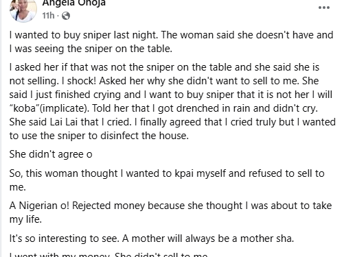 “A mother will always be a mother” – Nigerian lady shares experience with a trader who refused to sell sniper to her