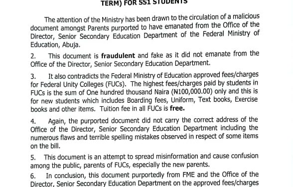 ₦386,000 Unity College Fee Is Scam, Ministry Warns Parents