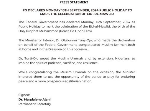 FG Declares Monday A Public Holiday To Mark Eid-Ul-Mawlid