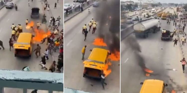 Drama As Bus Driver Sets Himself, LASTMA Officials Ablaze (video)