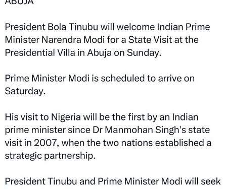 India Prime Minister To Visit Nigeria On Saturday