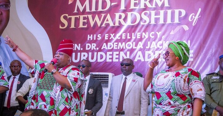 Governor Adeleke Rolls On Floor, Sheds Tears During Second Anniversary Speech (Video)