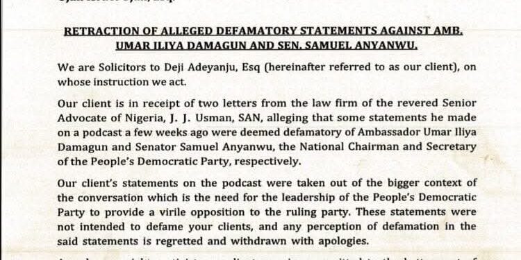 Defamation: Deji Adeyanju Retracts Statement, Apologises To Damagun, Anyanwu