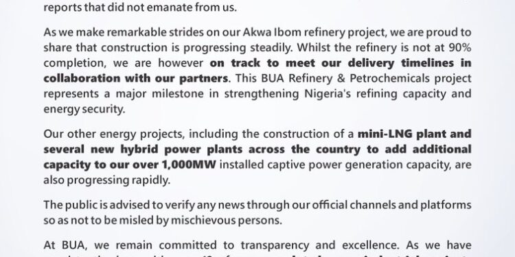 BUA Refinery: Management Dismisses 90% Completion Rumors