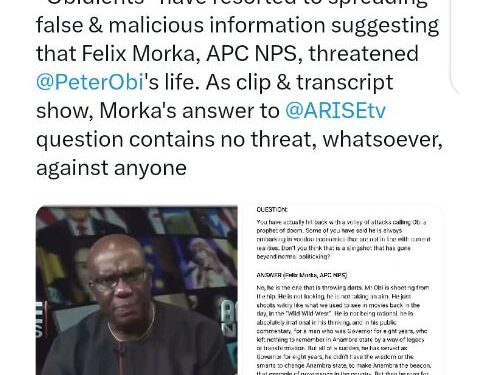 APC Reacts After Felix Morka Is Accused Of Threatening Peter Obi