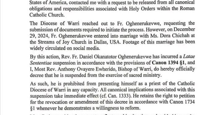 Warri Catholic Bishop Suspends Priest For Getting Married In USA