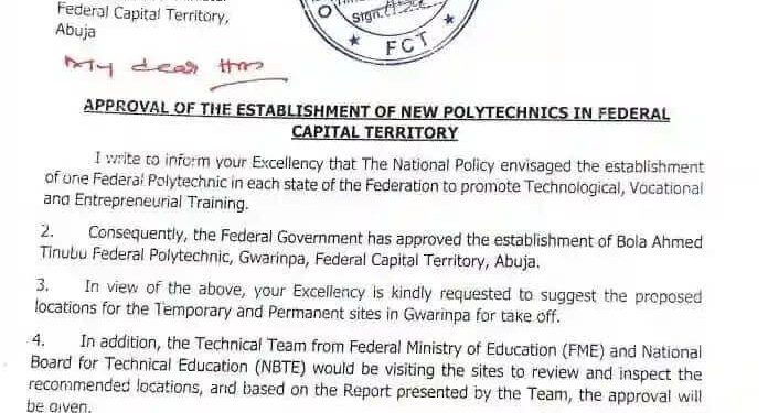 FG Approves Bola Ahmed Tinubu Polytechnic In Abuja