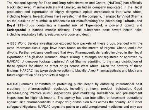 NAFDAC Blacklists Aveo Pharmaceuticals, Bans Tafrodol/Royal 225
