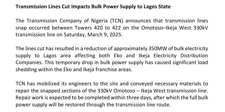 Transmission Lines Cut Impacts Bulk Power Supply To Lagos State