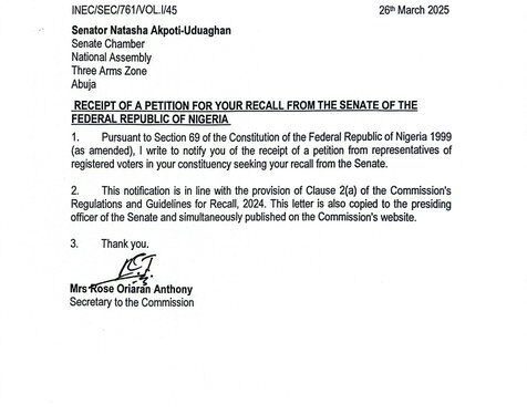 INEC Has Officially Informed Senator Natasha About Receiving The Recall Petition
