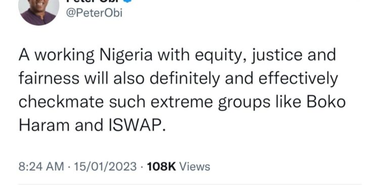Peter Obi Promises To “Checkmate” Boko Haram And ISWAP, Silent On IPOB/ESN