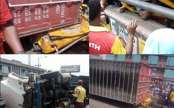 Container Falls On Fully-loaded Commercial Bus In Lagos (Video)