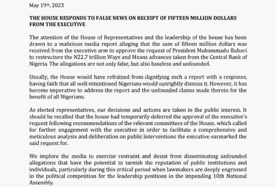 15M Presidential Alleged Largesse: House Of Reps Debunked Allegation