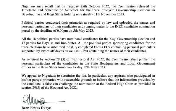 INEC Invites Nigerians To Inspect Particulars Of Imo, Bayelsa, Kogi Guber Candid