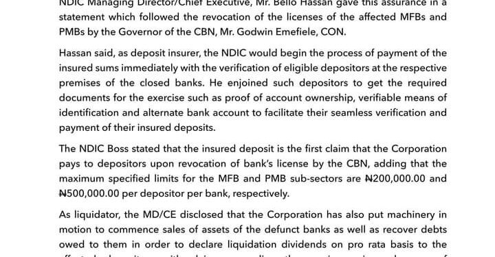 Revocation Of Licenses: NDIC Assures Depositors Of Speedy Payment Of Claims