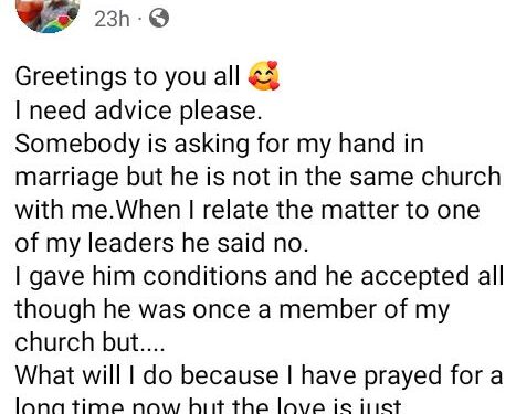 Nigerian Lady Seeks Advice As Man Who Isn’t A Member Of Her Church Wants To Marry Her