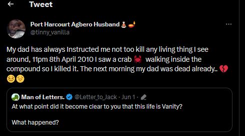 My Dad Died After I Killed A Crab In The Compound – Nigerian Man Who Ignored Dad’s Warning Never To Kill Any Living Thing Reveals