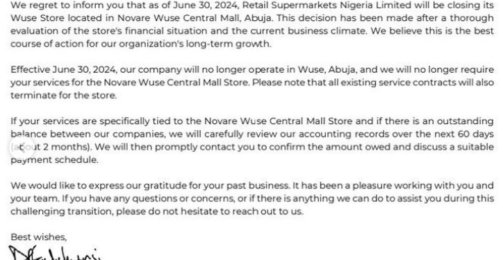 Abuja Shoprite is closing down due to the current business climate