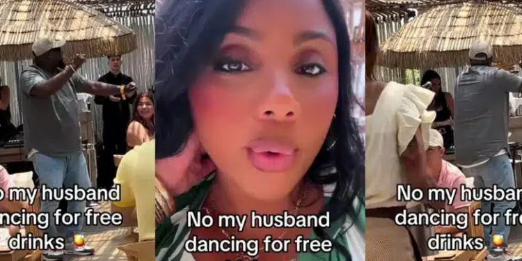 Beautiful african woman expresses shock as husband dances for free drink instead of buying at restaurant
