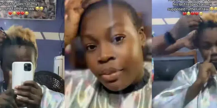 Nigerian lady barbs her hair as boyfriend loses dad, pays last respect to her supposed father In-law