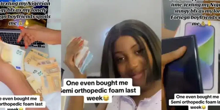 Nigerian lady flaunts foreign currencies, iPhone 15 Pro Max as oyibo lover spoils her, regrets dating stingy men