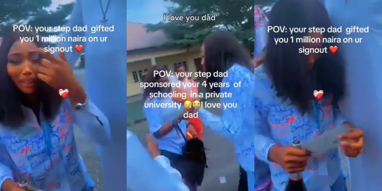 Nigerian lady overwhelmed with emotion as stepfather gifts her ₦1 million at university sign-out