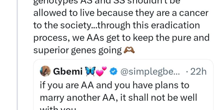 “People with genotypes AS and SS shouldn’t be allowed to live because they are a cancer to the society,” Nigerian woman says as she calls for the protection of “superior” AA genes