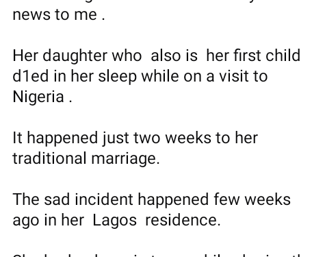 Nigerian woman dies in her sleep two weeks to her traditional wedding