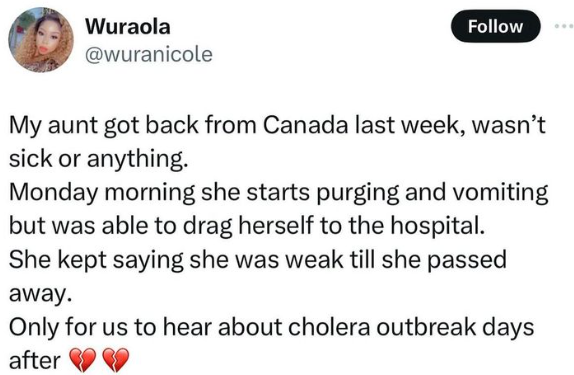 Cholera claims the life of woman who returned to Nigeria barely one week ago