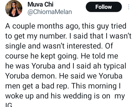 There is no excuse for his behavior – Nigerian lady says after she saw wedding photos of a man who has been asking her out