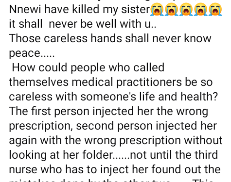 “They injected her with wrong prescription” – Nigerian lady accuses hospital of negligence in death of her sister