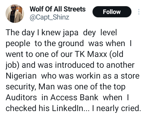 “Japa levels people” – Nigerian man says after meeting a former top bank auditor working as a store security guard in UK