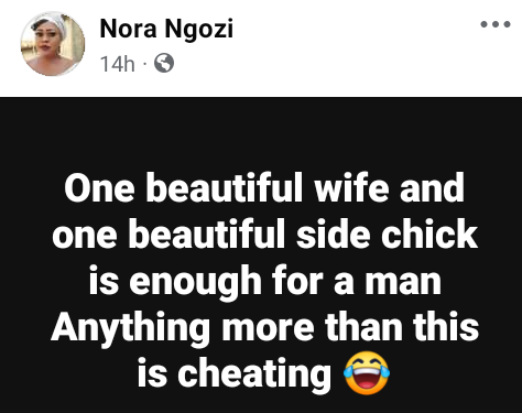 “One beautiful wife and one beautiful side chick are enough for a man. Anything more than this is cheating” – Nigerian woman says