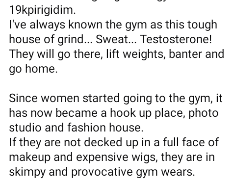 Since women started going to the gym, it has now became a hook up place, photo studio and fashion house – Nigerian lady says