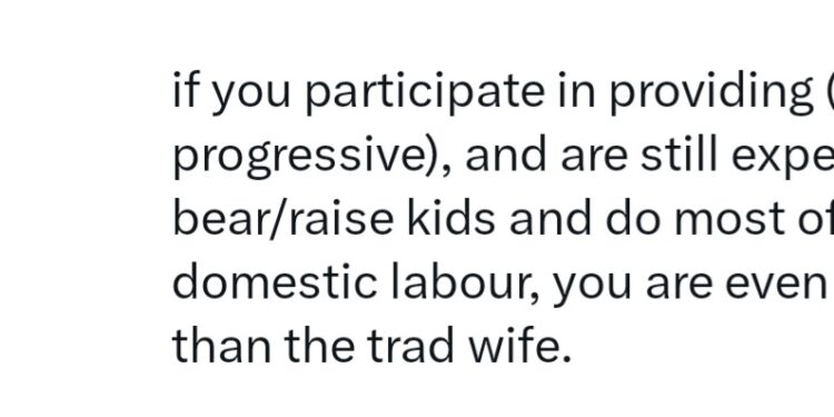 “There is no such thing as 50-50 for a woman in a heterosexual marriage” X user tells women who provide and still do domestic labour