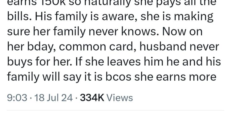 Wife who earns more and foots the bills laments that her husband failed to buy her birthday gift from his meager salary