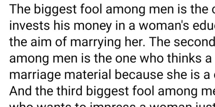 The biggest fool is the man who invests his money in a woman’s education with the aim of marrying her – Writer list three things men do ‘wrong’ regarding marriage