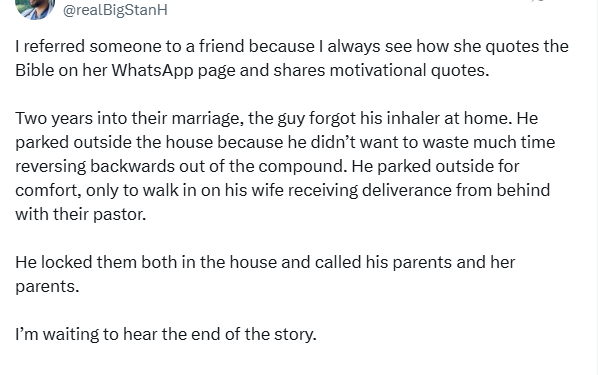 I’m getting the blame because I introduced her to him – Nigerian physician laments after a friend caught his wife having sex with their pastor