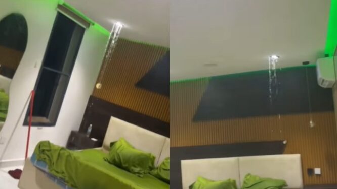 Lady in disbelief after seeing water dropping profusely inside an apartment in Lekki