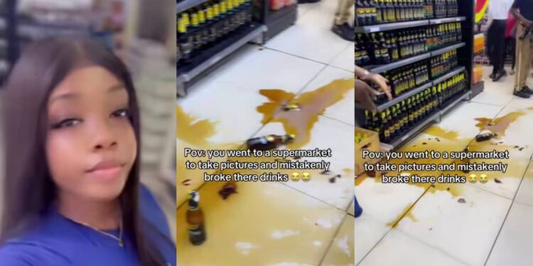 Lady accidentally breaks bottles of drinks while taking pictures at supermarket