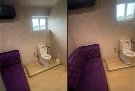 Lady puzzled as she sees sofa in toilet at an Abuja restaurant