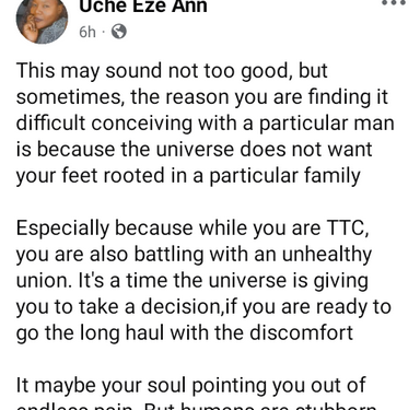 The reason you are finding it difficult conceiving with a particular man is because the universe doesn’t want your feet rooted in his family – Nigerian woman says