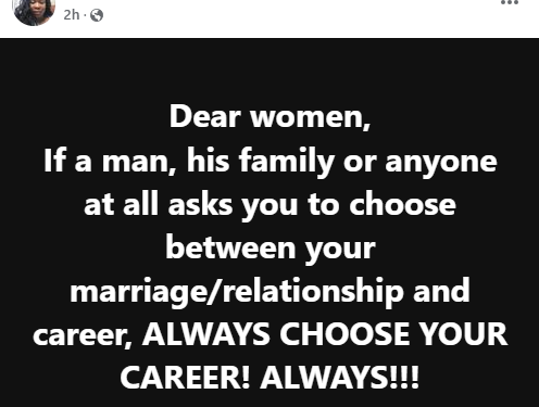 If a man or his family asks you to choose between your marriage and career, always choose your career – Nigerian woman advises women