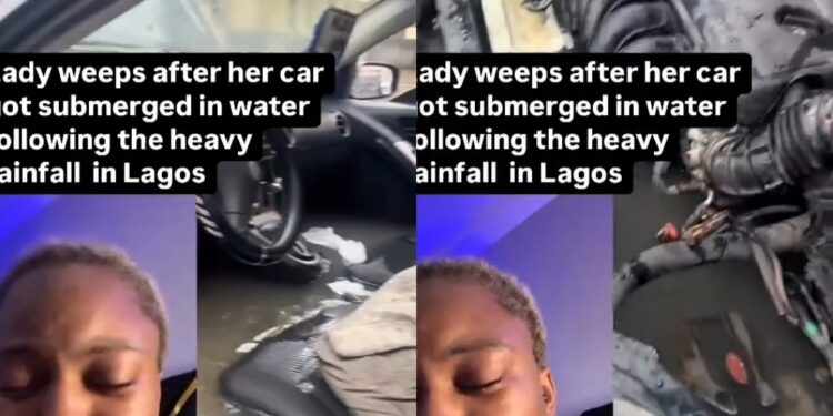 Woman in tears after her car got submerged in water following rainfall in Nigeria (video)