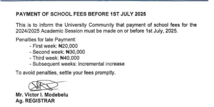 UNIZIK announces penalty on late payment of school fees